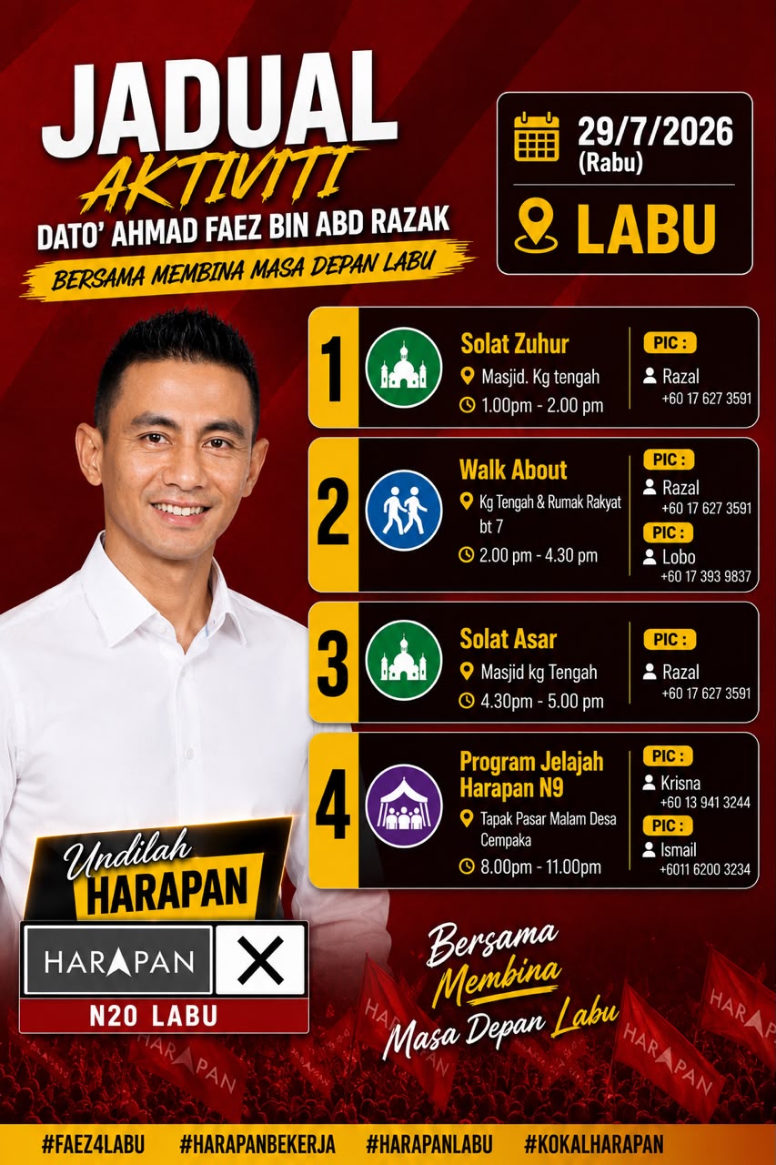 Jadual aktiviti Dato' Ahmad Faez — 29/7/2026 (Rabu)